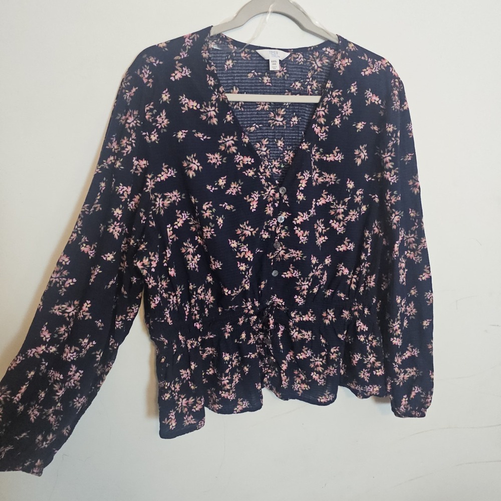 Time And Tru Women's 3XL Brown Floral‎ Boho Peasant Blouse Long Sleeve Plus Size